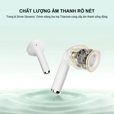 Tai nghe True Wireless QCY AilyBuds Lite Bionic Arc, Driver 13mm, Pin 28H, Bluetooth 5.3 - Tai nghe <strong>QCY AilyBuds Lite</strong> với thiết kế Bionic Arc, driver 13mm cho âm thanh rõ nét, pin 28 giờ, Bluetooth 5.3. Công nghệ QCY AilyBuds Lite mang đến ENC cho cuộc gọi trong trẻo, độ trễ 68ms lý tưởng chơi game. Chống nước IPX4, 9 chế độ EQ qua app, thoải mái cả ngày. Chính hãng, bảo hành 6 tháng.