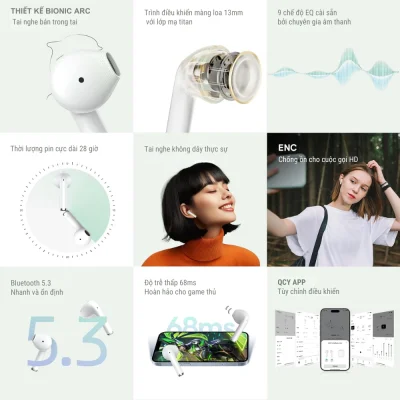 Tai nghe True Wireless QCY AilyBuds Lite Bionic Arc, Driver 13mm, Pin 28H, Bluetooth 5.3 - Tai nghe <strong>QCY AilyBuds Lite</strong> với thiết kế Bionic Arc, driver 13mm cho âm thanh rõ nét, pin 28 giờ, Bluetooth 5.3. Công nghệ QCY AilyBuds Lite mang đến ENC cho cuộc gọi trong trẻo, độ trễ 68ms lý tưởng chơi game. Chống nước IPX4, 9 chế độ EQ qua app, thoải mái cả ngày. Chính hãng, bảo hành 6 tháng.