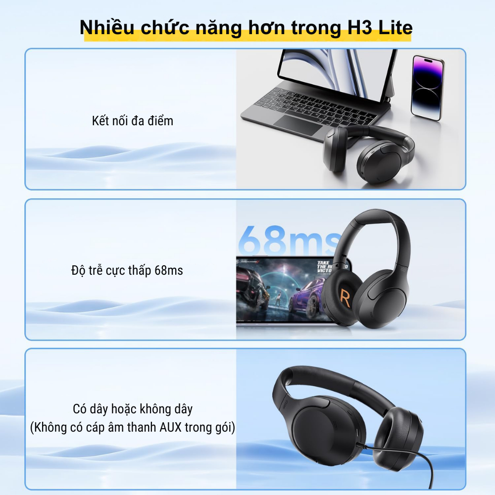 Tai nghe Over-Ear QCY H3 Lite ANC, Chống Ồn 90%, Driver 40mm, Bluetooth 5.3, Pin 60H - Tai nghe <strong>QCY H3 Lite</strong> tích hợp công nghệ QCY H3 Lite với ANC chặn 90% tiếng ồn, driver 40mm cho âm thanh Hi-Fi, ENC & DSP micro kép cho cuộc gọi rõ nét. Bluetooth 5.3, độ trễ 68ms, pin 60 giờ (ANC tắt). Thiết kế gập gọn, êm ái, hỗ trợ 9 chế độ EQ qua app. Chính hãng, bảo hành 6 tháng.