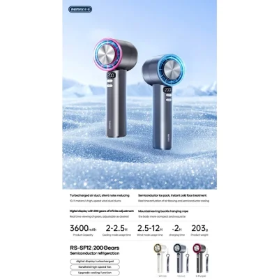 Quạt Cầm Tay Mini REMAX RS-SF12, Sò Lạnh 16°C, Pin 3600mAh, Điều Chỉnh 200 Mức Gió - <p dir="ltr" data-pm-slice="1 1 []">Quạt cầm tay mini REMAX <strong>RS-SF12</strong> tích hợp sò lạnh 16°C, pin 3600mAh, điều chỉnh 200 mức gió. Vỏ nhôm cao cấp, màn hình LED hiển thị gió/pin. Tốc độ gió 10-11m/s, công suất 7.5W, sạc Type-C. Kích thước 159x77x45mm, trọng lượng 260g. Bảo hành 12 tháng, lý tưởng du lịch, làm mát tức thì.</p>