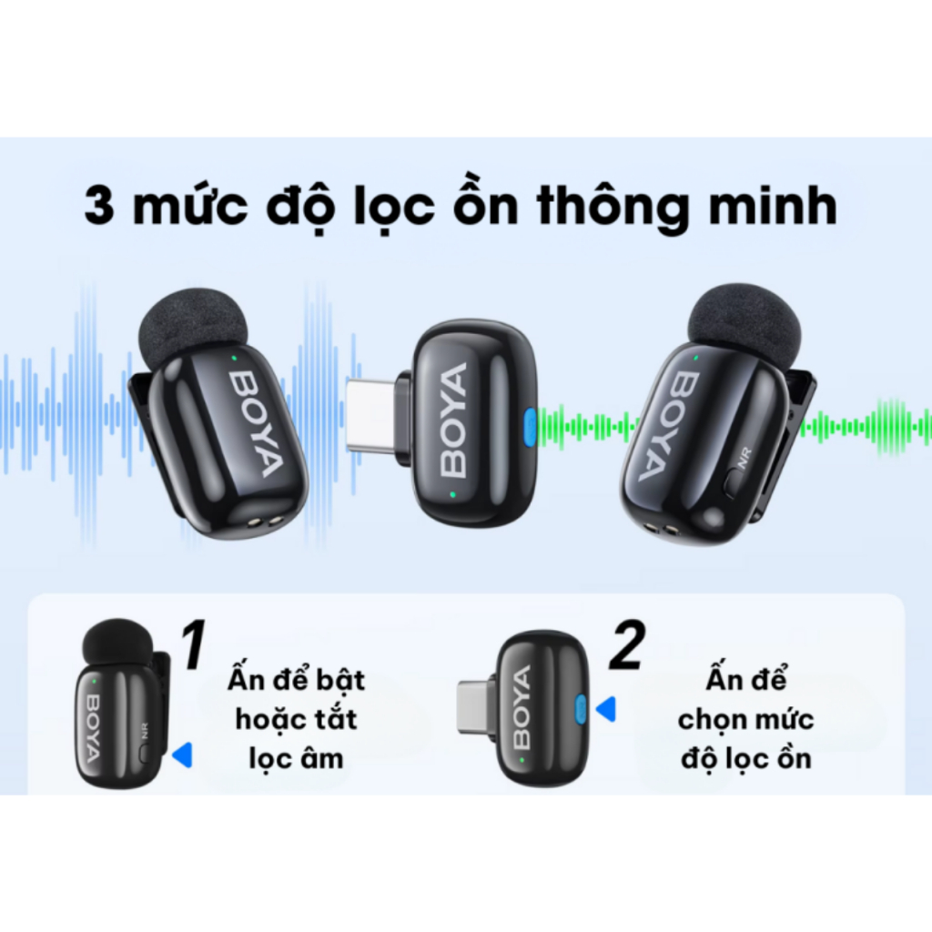 Micro Thu Âm Không Dây BOYA MINI 12 Chính Hãng - Micro Thu Âm Không Dây <strong>BOYA MINI 12</strong> siêu nhỏ gọn (5g), thu âm đa hướng 360°, chống ồn AI 3 mức. Tương thích Type-C, Lightning cho iPhone, Android, tablet, laptop. Pin 6 giờ, hộp sạc 1000mAh cho 30 giờ sử dụng. Phạm vi 100m, lý tưởng cho vlog, livestream, TikTok.