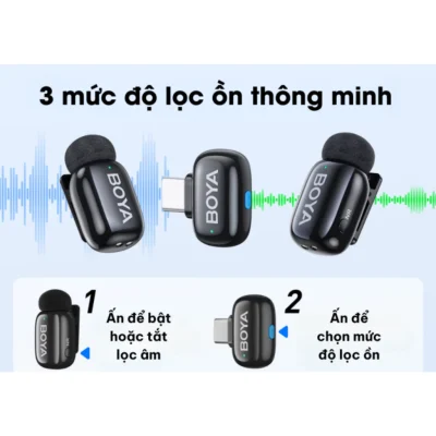 Micro Thu Âm Không Dây BOYA MINI 12 Chính Hãng - Micro Thu Âm Không Dây <strong>BOYA MINI 12</strong> siêu nhỏ gọn (5g), thu âm đa hướng 360°, chống ồn AI 3 mức. Tương thích Type-C, Lightning cho iPhone, Android, tablet, laptop. Pin 6 giờ, hộp sạc 1000mAh cho 30 giờ sử dụng. Phạm vi 100m, lý tưởng cho vlog, livestream, TikTok.
