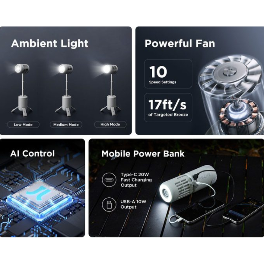 Quạt ngoài trời đa năng Jisulife Ultra 1, công suất 54W, dung lượng pin 13.500mAh - Đánh bay cơn nóng mùa hè trong mọi chuyến dã ngoại, cắm trại với <strong>quạt ngoài trời đa năng Jisulife Ultra 1</strong>. Đây không chỉ là một chiếc quạt, mà là một "cơn bão" di động với công suất cực đại 54W, tạo ra luồng gió mạnh mẽ lên tới 11m/s. Được trang bị viên pin "khủng" 13.500mAh cho thời gian sử dụng bền bỉ, và thiết kế chắc chắn, sản phẩm này là người bạn đồng hành lý tưởng cho mọi hoạt động ngoài trời. Trải nghiệm sự mát mẻ, tiện lợi và đa năng mà <strong>quạt ngoài trời đa năng Jisulife Ultra 1</strong> mang lại, giúp chuyến đi của bạn trở nên trọn vẹn hơn bao giờ hết.