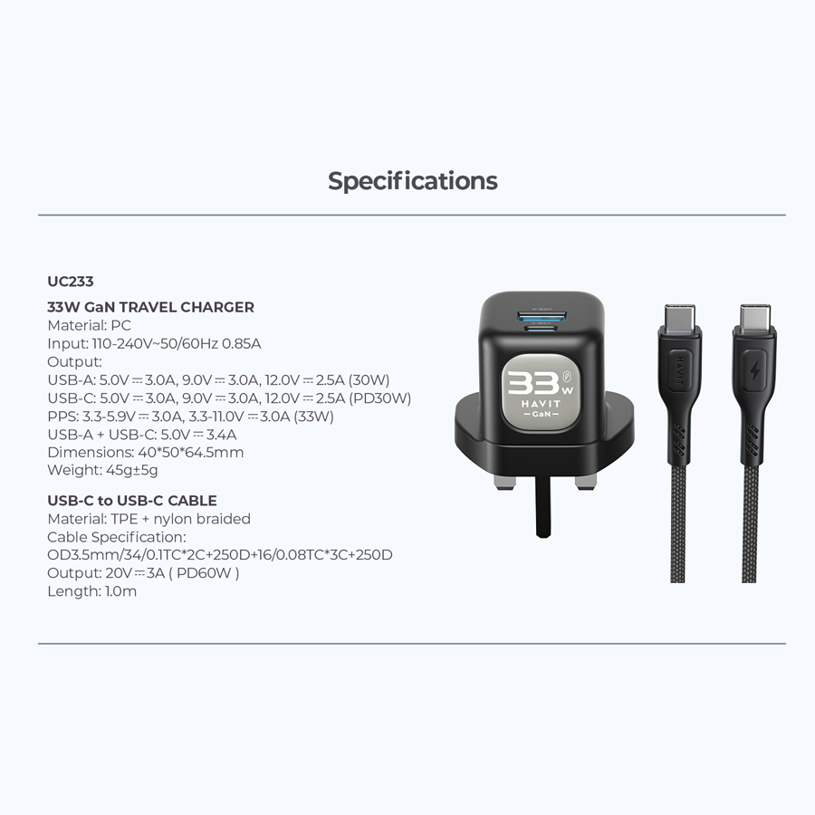 Combo Cốc - Cáp Sạc Nhanh HAVIT UC233, Sạc Nhanh PD 30W + USB-A 30W, Cáp C-C PD 60W - BH 12 Tháng - Nâng cấp toàn diện trải nghiệm sạc của bạn với combo cốc cáp sạc nhanh <strong>HAVIT UC233</strong>. Bộ sản phẩm "tất cả trong một" này bao gồm củ sạc 2 cổng mạnh mẽ (USB-C PD 30W và USB-A 30W) cùng sợi cáp Type-C to Type-C hỗ trợ công suất đến 60W. Sạc nhanh cho hai thiết bị cùng lúc, từ iPhone, Samsung cho đến cả MacBook Air. Cáp bọc dù siêu bền, chống rối và chống đứt gãy, đảm bảo tuổi thọ vượt trội. Tích hợp chip thông minh bảo vệ an toàn tuyệt đối cho thiết bị của bạn. Với chính sách bảo hành 12 tháng, <strong>HAVIT UC233</strong> là giải pháp năng lượng mạnh mẽ, tiện lợi và đáng tin cậy nhất.