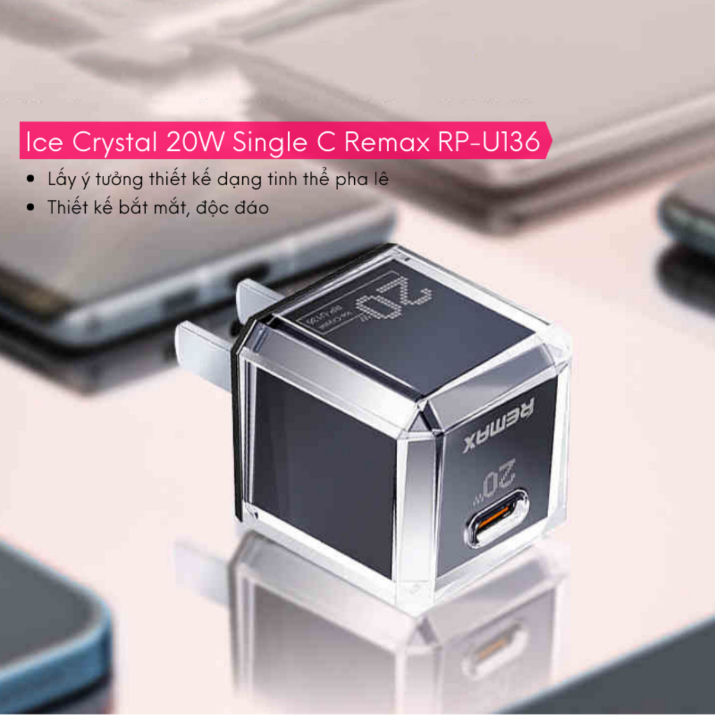 Củ Sạc Nhanh REMAX U136 Cry Series, 20W, Cổng Type-C, Tương Thích iPhone 14 Pro Max Trở Xuống, Bảo Hành 12 Tháng - <p dir="ltr" data-pm-slice="1 1 []">Củ sạc nhanh REMAX <strong>U136</strong> Cry Series, công suất 20W, cổng Type-C, hỗ trợ PD 3.0, sạc nhanh iPhone 14 Pro Max trở xuống (50% pin trong ~30 phút). Vỏ ABS+PC chống cháy, kích thước 56x43x27.5mm, trọng lượng 46g. Tích hợp chip bảo vệ an toàn, đạt chuẩn CE, FCC, RoHS. Bảo hành 12 tháng, lý tưởng cho du lịch, công việc.</p>