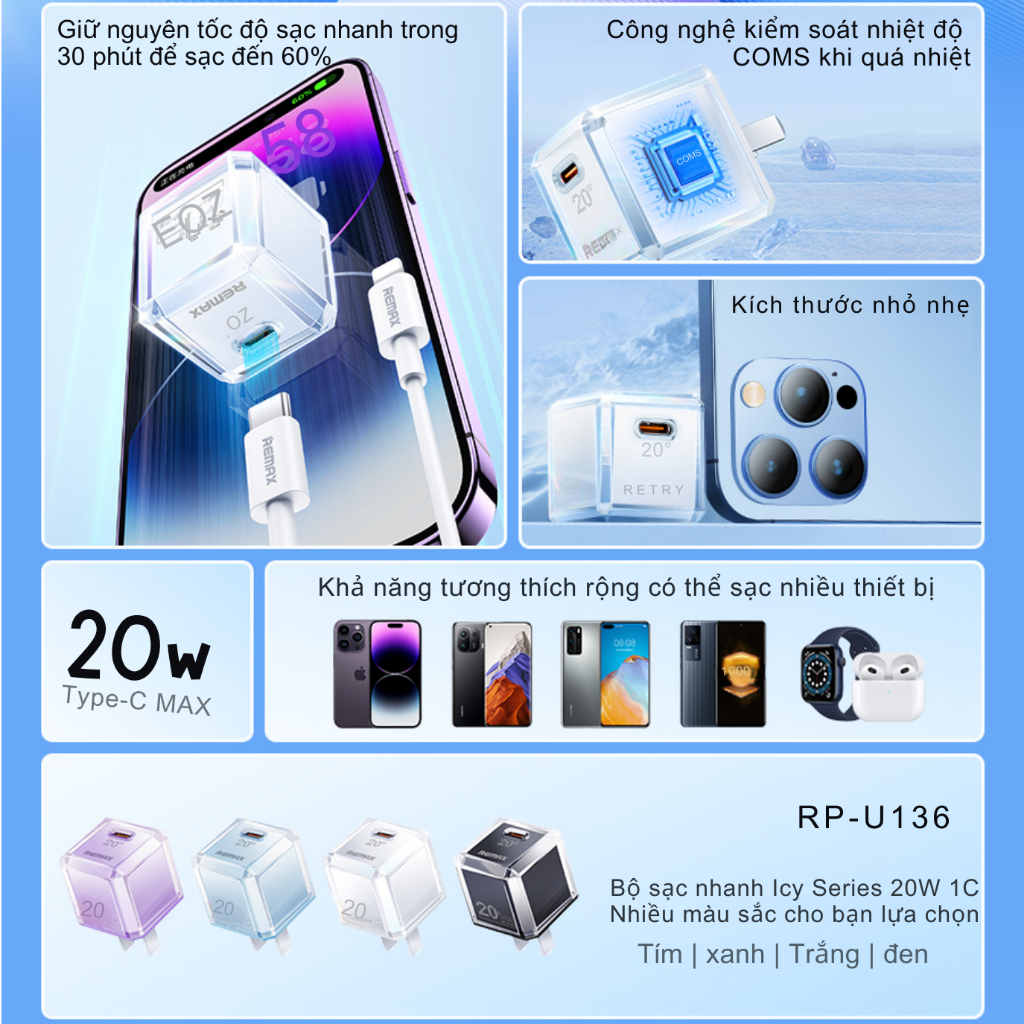 Product image Củ Sạc Nhanh REMAX RP-U136 PD20W COMS công nghệ mới,Sạc nhanh băng giá Kiểm soát nhiệt độ thông minh 2