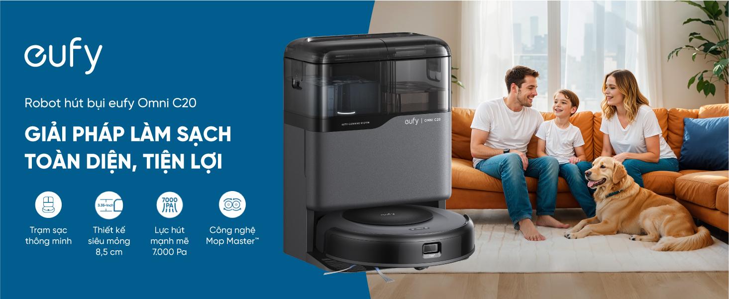Robot Hút Bụi Lau Sàn Eufy C20 Omni - Khám phá ngay <strong>Robot hút bụi lau sàn eufy C20 Omni</strong>, giải pháp làm sạch toàn diện và tự động cho ngôi nhà của bạn. Với trạm sạc Omni "All-in-One", robot có thể tự động hút rác, giặt và sấy khô giẻ lau, giúp bạn hoàn toàn rảnh tay. Sản phẩm sở hữu lực hút mạnh mẽ 7.000Pa kết hợp công nghệ lau xoay Mop Master™ tốc độ cao, dễ dàng loại bỏ mọi bụi bẩn, lông thú và vết bẩn cứng đầu. Đặc biệt, <strong>eufy C20 Omni</strong> được trang bị công nghệ Pro-Detangle Comb™ tự động gỡ rối tóc thông minh và thiết kế siêu mỏng chỉ 8.5cm, làm sạch hiệu quả mọi ngóc ngách, kể cả gầm nội thất thấp. Đây là lựa chọn lý tưởng cho cuộc sống hiện đại và bận rộn.