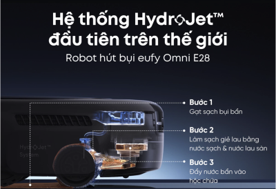 Robot Hút Bụi Lau Sàn Eufy Omni E28 - Giải phóng bạn khỏi công việc nhà với <strong>Robot hút bụi lau sàn eufy Omni E28</strong>, cỗ máy làm sạch tối thượng cho ngôi nhà hiện đại. Nổi bật với lực hút turbo không tưởng lên đến 20.000Pa, <strong>eufy Omni E28</strong> dễ dàng loại bỏ mọi bụi bẩn, lông thú cưng và mảnh vụn ẩn sâu trong thảm và các kẽ sàn. Sản phẩm đi kèm trạm Omni toàn năng tự động giặt, sấy khô giẻ lau, hút rác và bổ sung nước lau sàn, mang lại trải nghiệm rảnh tay tuyệt đối. Đặc biệt, trạm còn tích hợp máy làm sạch sâu cầm tay FlexiOne™ có thể tháo rời, giúp xử lý vết bẩn trên thảm, sofa một cách linh hoạt. Hãy để <strong>eufy Omni E28</strong> định nghĩa lại sự sạch sẽ cho không gian sống của bạn.