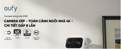 Camera trong nhà Eufy Indoor S350 - Trải nghiệm đỉnh cao an ninh gia đình với <strong>Camera trong nhà Eufy Indoor S350</strong>. Sản phẩm đột phá với hệ thống camera kép, bao gồm một ống kính góc rộng 4K và một ống kính tele 2K, mang đến độ phân giải siêu nét và khả năng zoom lai 8x ấn tượng. Nhờ đó, bạn có thể quan sát chi tiết mọi sự vật ở khoảng cách xa. Với khả năng xoay 360°, <strong>Eufy Indoor S350</strong> dễ dàng bao quát toàn bộ không gian mà không có điểm mù. Công nghệ AI thông minh tự động theo dõi chuyển động của người và vật nuôi, kết hợp cùng tầm nhìn đêm rõ nét, đảm bảo an ninh 24/7. Lưu trữ linh hoạt qua thẻ nhớ mà không cần trả phí hàng tháng, <strong>Eufy Indoor S350</strong> là lựa chọn hoàn hảo để giám sát con trẻ, thú cưng và bảo vệ ngôi nhà của bạn.