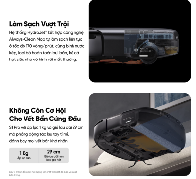 Robot hút bụi lau sàn eufy Omni S1 Pro - Trải nghiệm cuộc cách mạng dọn dẹp với <strong>Robot hút bụi lau sàn eufy Omni S1 Pro</strong>. Đây là robot đầu tiên trên thế giới sở hữu công nghệ lau sạch tức thì, với con lăn được giặt sạch liên tục ngay trong khi lau, đảm bảo sàn nhà luôn được lau bằng nước sạch. Trạm sạc Omni toàn năng không chỉ tự động hút rác, giặt và sấy khô con lăn mà còn có khả năng tự tạo ra nước khử khuẩn bằng Ozone, tiêu diệt 99.9% vi khuẩn mà không cần hóa chất. Với lực hút 8.000Pa mạnh mẽ và hệ thống điều hướng AI.See™ thông minh, <strong>eufy Omni S1 Pro</strong> mang đến hiệu quả làm sạch vượt trội và sự tiện nghi tối thượng cho ngôi nhà của bạn.