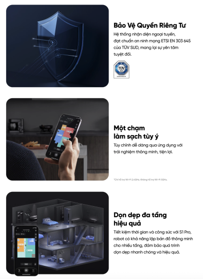 Robot hút bụi lau sàn eufy Omni S1 Pro - Trải nghiệm cuộc cách mạng dọn dẹp với <strong>Robot hút bụi lau sàn eufy Omni S1 Pro</strong>. Đây là robot đầu tiên trên thế giới sở hữu công nghệ lau sạch tức thì, với con lăn được giặt sạch liên tục ngay trong khi lau, đảm bảo sàn nhà luôn được lau bằng nước sạch. Trạm sạc Omni toàn năng không chỉ tự động hút rác, giặt và sấy khô con lăn mà còn có khả năng tự tạo ra nước khử khuẩn bằng Ozone, tiêu diệt 99.9% vi khuẩn mà không cần hóa chất. Với lực hút 8.000Pa mạnh mẽ và hệ thống điều hướng AI.See™ thông minh, <strong>eufy Omni S1 Pro</strong> mang đến hiệu quả làm sạch vượt trội và sự tiện nghi tối thượng cho ngôi nhà của bạn.