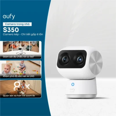 Camera trong nhà Eufy Indoor S350 - Trải nghiệm đỉnh cao an ninh gia đình với <strong>Camera trong nhà Eufy Indoor S350</strong>. Sản phẩm đột phá với hệ thống camera kép, bao gồm một ống kính góc rộng 4K và một ống kính tele 2K, mang đến độ phân giải siêu nét và khả năng zoom lai 8x ấn tượng. Nhờ đó, bạn có thể quan sát chi tiết mọi sự vật ở khoảng cách xa. Với khả năng xoay 360°, <strong>Eufy Indoor S350</strong> dễ dàng bao quát toàn bộ không gian mà không có điểm mù. Công nghệ AI thông minh tự động theo dõi chuyển động của người và vật nuôi, kết hợp cùng tầm nhìn đêm rõ nét, đảm bảo an ninh 24/7. Lưu trữ linh hoạt qua thẻ nhớ mà không cần trả phí hàng tháng, <strong>Eufy Indoor S350</strong> là lựa chọn hoàn hảo để giám sát con trẻ, thú cưng và bảo vệ ngôi nhà của bạn.