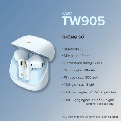 Tai Nghe True Wireless HAVIT TW905, Bluetooth 5.3, 2 Mic ENC, Nghe Nhạc Đến 27H - Trải nghiệm sự tự do không dây và giao tiếp trong trẻo với tai nghe True Wireless <strong>HAVIT TW905</strong>. Được trang bị công nghệ kết nối Bluetooth 5.3 thế hệ mới, sản phẩm đảm bảo tín hiệu ổn định và ghép nối tức thì. Nổi bật với hệ thống 2 micro ENC khử ồn môi trường, giúp giọng nói của bạn luôn to, rõ ràng trong mọi cuộc gọi. Tận hưởng chất âm cân bằng và thời lượng pin bền bỉ lên đến 27 giờ khi dùng cùng hộp sạc. Với thiết kế công thái học nhỏ gọn, mang lại cảm giác đeo thoải mái suốt cả ngày, <strong>HAVIT TW905</strong> là lựa chọn thông minh cho nhu cầu làm việc, học tập và giải trí hàng ngày.