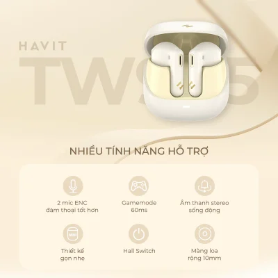 Tai Nghe True Wireless HAVIT TW905, Bluetooth 5.3, 2 Mic ENC, Nghe Nhạc Đến 27H - Trải nghiệm sự tự do không dây và giao tiếp trong trẻo với tai nghe True Wireless <strong>HAVIT TW905</strong>. Được trang bị công nghệ kết nối Bluetooth 5.3 thế hệ mới, sản phẩm đảm bảo tín hiệu ổn định và ghép nối tức thì. Nổi bật với hệ thống 2 micro ENC khử ồn môi trường, giúp giọng nói của bạn luôn to, rõ ràng trong mọi cuộc gọi. Tận hưởng chất âm cân bằng và thời lượng pin bền bỉ lên đến 27 giờ khi dùng cùng hộp sạc. Với thiết kế công thái học nhỏ gọn, mang lại cảm giác đeo thoải mái suốt cả ngày, <strong>HAVIT TW905</strong> là lựa chọn thông minh cho nhu cầu làm việc, học tập và giải trí hàng ngày.