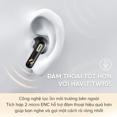 Tai Nghe True Wireless HAVIT TW905, Bluetooth 5.3, 2 Mic ENC, Nghe Nhạc Đến 27H - Trải nghiệm sự tự do không dây và giao tiếp trong trẻo với tai nghe True Wireless <strong>HAVIT TW905</strong>. Được trang bị công nghệ kết nối Bluetooth 5.3 thế hệ mới, sản phẩm đảm bảo tín hiệu ổn định và ghép nối tức thì. Nổi bật với hệ thống 2 micro ENC khử ồn môi trường, giúp giọng nói của bạn luôn to, rõ ràng trong mọi cuộc gọi. Tận hưởng chất âm cân bằng và thời lượng pin bền bỉ lên đến 27 giờ khi dùng cùng hộp sạc. Với thiết kế công thái học nhỏ gọn, mang lại cảm giác đeo thoải mái suốt cả ngày, <strong>HAVIT TW905</strong> là lựa chọn thông minh cho nhu cầu làm việc, học tập và giải trí hàng ngày.