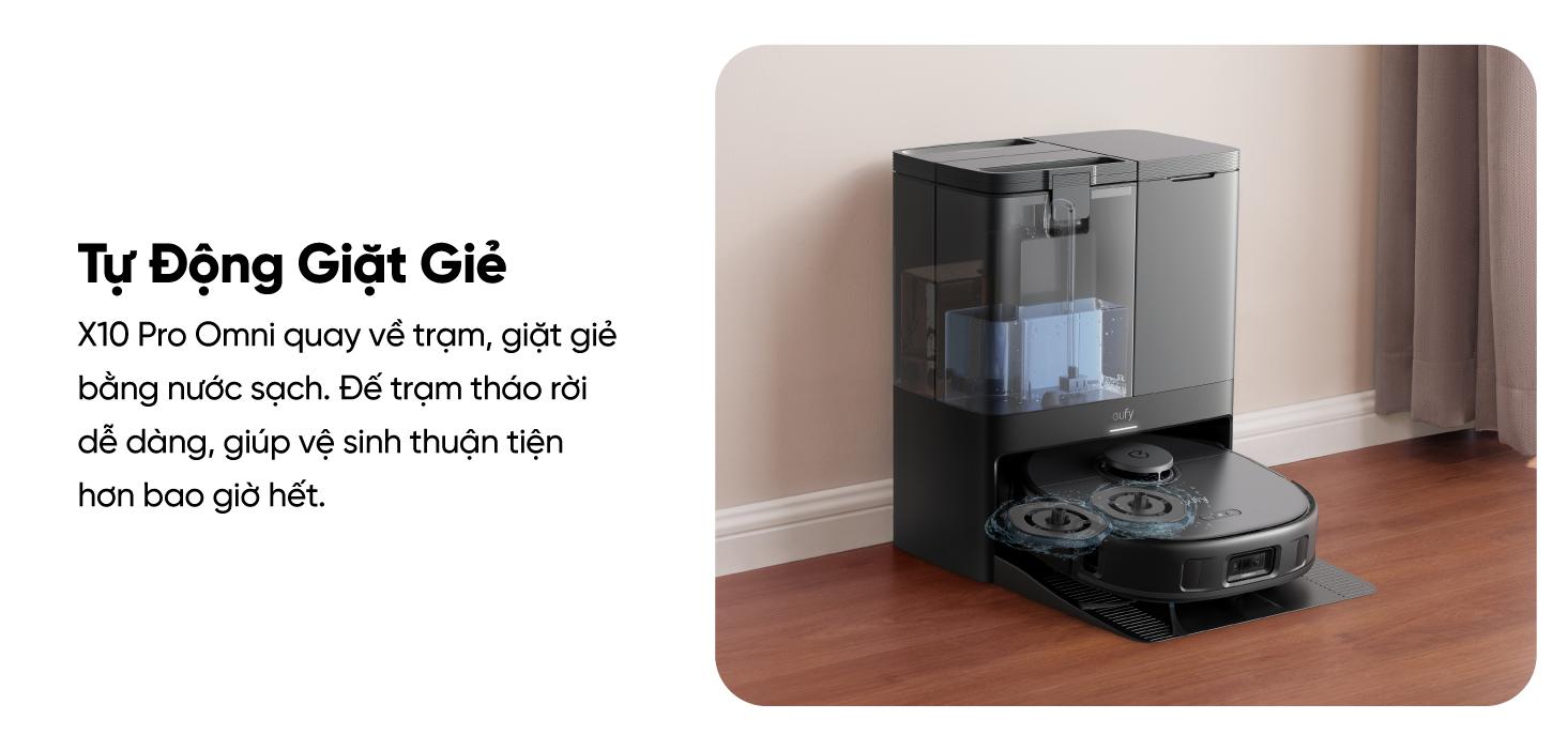 Robot hút bụi lau sàn eufy X10 Pro Omni - Nâng tầm trải nghiệm dọn dẹp nhà cửa với <strong>Robot hút bụi lau sàn eufy X10 Pro Omni</strong>, giải pháp làm sạch thông minh và toàn diện đến từ thương hiệu uy tín Eufy. Sản phẩm sở hữu lực hút mạnh mẽ 8.000 Pa, hệ thống lau xoay kép MopMaster™ 2.0 tạo áp lực 1kg và công nghệ AI.See™ nhận diện hơn 100 vật thể, giúp làm sạch sâu mọi ngóc ngách và né tránh chướng ngại vật một cách thông minh. Điểm nhấn của <strong>eufy X10 Pro Omni</strong> là trạm sạc Omni đa năng, tự động giặt giẻ, sấy khô bằng khí nóng, hút rác và châm nước, mang đến sự tiện lợi rảnh tay tuyệt đối. Đây là trợ thủ đắc lực cho mọi gia đình hiện đại, đặc biệt là nhà có nuôi thú cưng.