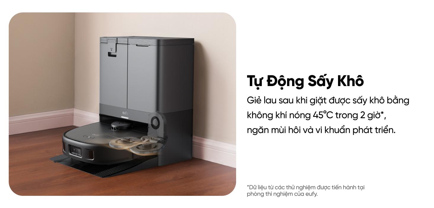 Robot hút bụi lau sàn eufy X10 Pro Omni - Nâng tầm trải nghiệm dọn dẹp nhà cửa với <strong>Robot hút bụi lau sàn eufy X10 Pro Omni</strong>, giải pháp làm sạch thông minh và toàn diện đến từ thương hiệu uy tín Eufy. Sản phẩm sở hữu lực hút mạnh mẽ 8.000 Pa, hệ thống lau xoay kép MopMaster™ 2.0 tạo áp lực 1kg và công nghệ AI.See™ nhận diện hơn 100 vật thể, giúp làm sạch sâu mọi ngóc ngách và né tránh chướng ngại vật một cách thông minh. Điểm nhấn của <strong>eufy X10 Pro Omni</strong> là trạm sạc Omni đa năng, tự động giặt giẻ, sấy khô bằng khí nóng, hút rác và châm nước, mang đến sự tiện lợi rảnh tay tuyệt đối. Đây là trợ thủ đắc lực cho mọi gia đình hiện đại, đặc biệt là nhà có nuôi thú cưng.