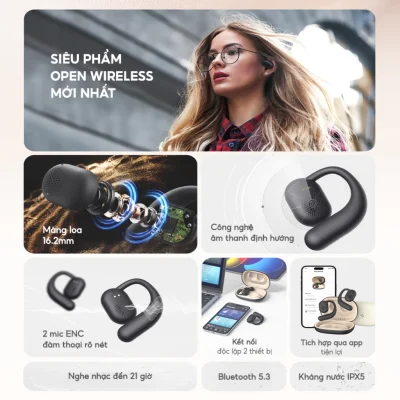 Tai Nghe Open Wireless OWS Fit 1, BT 5.3, Driver 16.2mm, Thiết Kế Open-ear, IPX5, Nghe Đến 21H - Hàng Chính Hãng - Giải phóng bản thân khỏi sự bí bách và tách biệt của tai nghe truyền thống với <strong>Open Wireless OWS Fit 1</strong>. Được thiết kế dành cho người năng động, sản phẩm sở hữu thiết kế mở (Open-Ear) độc đáo, giúp bạn vừa tận hưởng âm nhạc vừa nhận biết môi trường xung quanh, đảm bảo an toàn tối đa. Trải nghiệm chất âm bùng nổ chưa từng có từ màng loa siêu lớn 16.2mm. Móc tai silicon bám chắc, chống rơi rớt cùng chuẩn chống nước IPX5 giúp bạn tự tin chinh phục mọi buổi tập. Với kết nối Bluetooth 5.3 ổn định và tổng thời lượng pin 21 giờ, <strong>Open Wireless OWS Fit 1</strong> là người bạn đồng hành không thể thiếu cho một lối sống lành mạnh và tự do.
