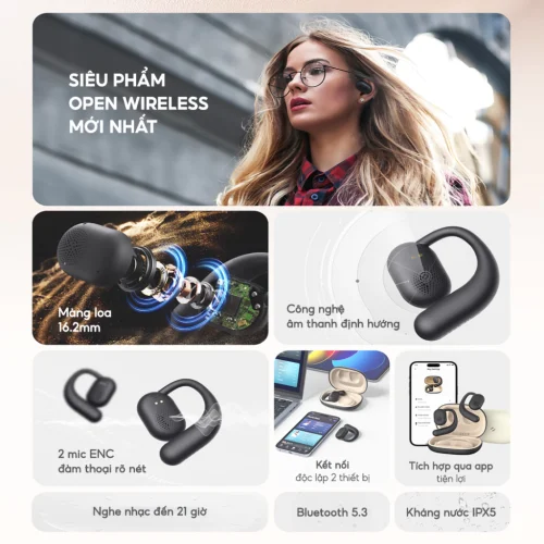 Tai Nghe Open Wireless OWS Fit 1, BT 5.3, Driver 16.2mm, Thiết Kế Open-ear, IPX5, Nghe Đến 21H - Hàng Chính Hãng - Hình ảnh 2