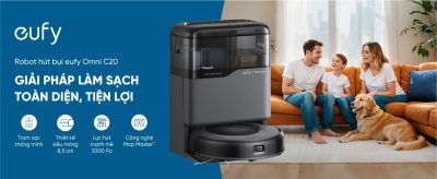 Robot Hút Bụi Lau Sàn Eufy C20 Omni - Khám phá ngay <strong>Robot hút bụi lau sàn eufy C20 Omni</strong>, giải pháp làm sạch toàn diện và tự động cho ngôi nhà của bạn. Với trạm sạc Omni "All-in-One", robot có thể tự động hút rác, giặt và sấy khô giẻ lau, giúp bạn hoàn toàn rảnh tay. Sản phẩm sở hữu lực hút mạnh mẽ 7.000Pa kết hợp công nghệ lau xoay Mop Master™ tốc độ cao, dễ dàng loại bỏ mọi bụi bẩn, lông thú và vết bẩn cứng đầu. Đặc biệt, <strong>eufy C20 Omni</strong> được trang bị công nghệ Pro-Detangle Comb™ tự động gỡ rối tóc thông minh và thiết kế siêu mỏng chỉ 8.5cm, làm sạch hiệu quả mọi ngóc ngách, kể cả gầm nội thất thấp. Đây là lựa chọn lý tưởng cho cuộc sống hiện đại và bận rộn.
