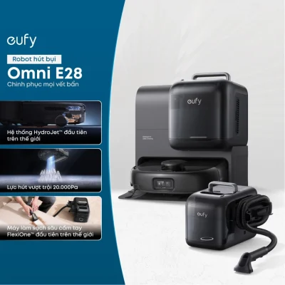 Robot Hút Bụi Lau Sàn Eufy Omni E28 - Giải phóng bạn khỏi công việc nhà với <strong>Robot hút bụi lau sàn eufy Omni E28</strong>, cỗ máy làm sạch tối thượng cho ngôi nhà hiện đại. Nổi bật với lực hút turbo không tưởng lên đến 20.000Pa, <strong>eufy Omni E28</strong> dễ dàng loại bỏ mọi bụi bẩn, lông thú cưng và mảnh vụn ẩn sâu trong thảm và các kẽ sàn. Sản phẩm đi kèm trạm Omni toàn năng tự động giặt, sấy khô giẻ lau, hút rác và bổ sung nước lau sàn, mang lại trải nghiệm rảnh tay tuyệt đối. Đặc biệt, trạm còn tích hợp máy làm sạch sâu cầm tay FlexiOne™ có thể tháo rời, giúp xử lý vết bẩn trên thảm, sofa một cách linh hoạt. Hãy để <strong>eufy Omni E28</strong> định nghĩa lại sự sạch sẽ cho không gian sống của bạn.