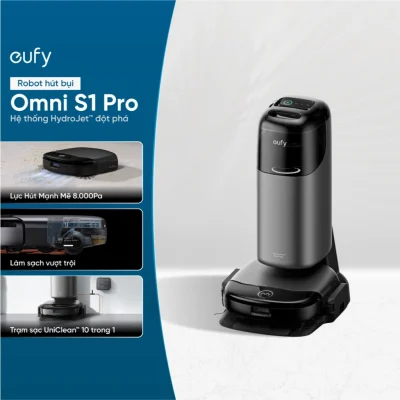 Robot hút bụi lau sàn eufy Omni S1 Pro - Trải nghiệm cuộc cách mạng dọn dẹp với <strong>Robot hút bụi lau sàn eufy Omni S1 Pro</strong>. Đây là robot đầu tiên trên thế giới sở hữu công nghệ lau sạch tức thì, với con lăn được giặt sạch liên tục ngay trong khi lau, đảm bảo sàn nhà luôn được lau bằng nước sạch. Trạm sạc Omni toàn năng không chỉ tự động hút rác, giặt và sấy khô con lăn mà còn có khả năng tự tạo ra nước khử khuẩn bằng Ozone, tiêu diệt 99.9% vi khuẩn mà không cần hóa chất. Với lực hút 8.000Pa mạnh mẽ và hệ thống điều hướng AI.See™ thông minh, <strong>eufy Omni S1 Pro</strong> mang đến hiệu quả làm sạch vượt trội và sự tiện nghi tối thượng cho ngôi nhà của bạn.