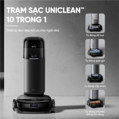 Robot hút bụi lau sàn eufy Omni S1 Pro - Trải nghiệm cuộc cách mạng dọn dẹp với <strong>Robot hút bụi lau sàn eufy Omni S1 Pro</strong>. Đây là robot đầu tiên trên thế giới sở hữu công nghệ lau sạch tức thì, với con lăn được giặt sạch liên tục ngay trong khi lau, đảm bảo sàn nhà luôn được lau bằng nước sạch. Trạm sạc Omni toàn năng không chỉ tự động hút rác, giặt và sấy khô con lăn mà còn có khả năng tự tạo ra nước khử khuẩn bằng Ozone, tiêu diệt 99.9% vi khuẩn mà không cần hóa chất. Với lực hút 8.000Pa mạnh mẽ và hệ thống điều hướng AI.See™ thông minh, <strong>eufy Omni S1 Pro</strong> mang đến hiệu quả làm sạch vượt trội và sự tiện nghi tối thượng cho ngôi nhà của bạn.