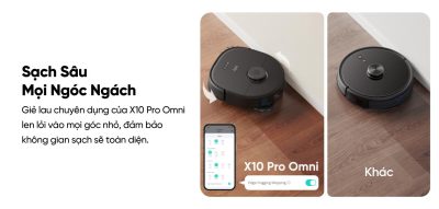 Robot hút bụi lau sàn eufy X10 Pro Omni - Nâng tầm trải nghiệm dọn dẹp nhà cửa với <strong>Robot hút bụi lau sàn eufy X10 Pro Omni</strong>, giải pháp làm sạch thông minh và toàn diện đến từ thương hiệu uy tín Eufy. Sản phẩm sở hữu lực hút mạnh mẽ 8.000 Pa, hệ thống lau xoay kép MopMaster™ 2.0 tạo áp lực 1kg và công nghệ AI.See™ nhận diện hơn 100 vật thể, giúp làm sạch sâu mọi ngóc ngách và né tránh chướng ngại vật một cách thông minh. Điểm nhấn của <strong>eufy X10 Pro Omni</strong> là trạm sạc Omni đa năng, tự động giặt giẻ, sấy khô bằng khí nóng, hút rác và châm nước, mang đến sự tiện lợi rảnh tay tuyệt đối. Đây là trợ thủ đắc lực cho mọi gia đình hiện đại, đặc biệt là nhà có nuôi thú cưng.