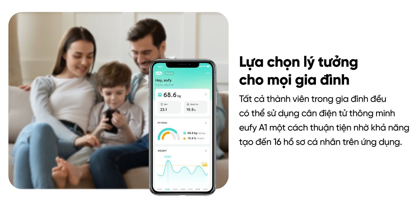 Cân Điện Tử Thông Minh Eufy A1 - Theo Dõi Sức Khỏe Toàn Diện, Chính Xác - Khám phá ngay <strong>Cân điện tử thông minh eufy A1</strong>, trợ lý sức khỏe đắc lực cho cả gia đình bạn. Với thiết kế tinh tế, mặt kính cường lực sang trọng, <strong>eufy A1</strong> không chỉ là một chiếc cân mà còn là thiết bị theo dõi sức khỏe toàn diện. Sản phẩm có khả năng phân tích đến 12 chỉ số cơ thể quan trọng như cân nặng, BMI, tỷ lệ mỡ, khối lượng xương, cơ... Dữ liệu được đồng bộ hóa dễ dàng qua Bluetooth với ứng dụng EufyLife, tương thích với các ứng dụng sức khỏe phổ biến khác như Apple Health, Google Fit. Với khả năng lưu trữ dữ liệu cho 16 người dùng, <strong>eufy A1</strong> là lựa chọn hoàn hảo để mọi thành viên cùng nhau xây dựng lối sống lành mạnh.