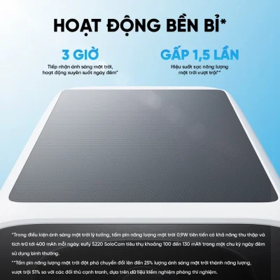 Camera ngoài trời SoloCam S220 - An tâm bảo vệ ngôi nhà của bạn với <strong>Camera ngoài trời SoloCam S220</strong>, giải pháp an ninh không dây hoàn toàn và không cần bảo trì. Với tấm pin năng lượng mặt trời tích hợp, camera có khả năng tự sạc, đảm bảo hoạt động liên tục 24/7 mà không cần tháo lắp để sạc pin. <strong>SoloCam S220</strong> ghi hình với độ phân giải 2K siêu nét, cho hình ảnh chi tiết cả ngày lẫn đêm. Sản phẩm có thiết kế bền bỉ với chuẩn chống nước IP67, tích hợp AI nhận diện người thông minh để giảm cảnh báo giả và bộ nhớ trong 8GB giúp lưu trữ an toàn mà không tốn phí hàng tháng. Lắp đặt dễ dàng, không cần đi dây phức tạp, đây là lựa chọn lý tưởng để giám sát sân vườn, cổng ra vào và mọi khu vực bên ngoài.