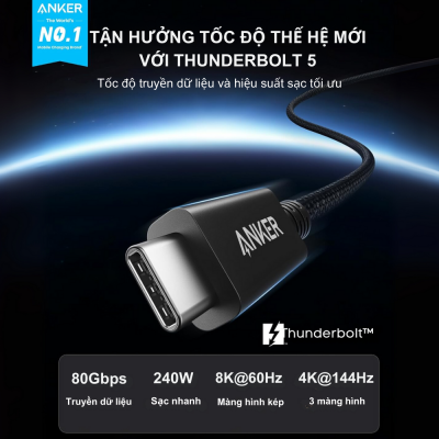 Cáp Thunderbolt 5 Anker Prime Type-C to Type-C- A84N1 Tốc Độ Truyền Dữ Liệu 80Gbps, Sạc Nhanh 240W, Màn Hình 8K - Khám phá sức mạnh vượt trội của <strong>Cáp Thunderbolt 5 Anker Prime Type-C to Type-C- A84N1</strong>, một phụ kiện không thể thiếu cho hệ sinh thái công nghệ của bạn. Với tốc độ truyền dữ liệu kinh ngạc lên đến 80Gbps và khả năng sạc nhanh Power Delivery 3.1 công suất 240W, sản phẩm này định nghĩa lại hiệu suất làm việc và giải trí. Cáp hỗ trợ xuất hình ảnh ra hai màn hình 4K hoặc một màn hình 8K, mang đến trải nghiệm hình ảnh sắc nét và sống động chưa từng có. Được chế tác từ những vật liệu cao cấp nhất, <strong>Cáp Thunderbolt 5 Anker Prime Type-C to Type-C- A84N1</strong> đảm bảo độ bền và sự ổn định tối đa. Tương thích hoàn hảo với các thiết bị Thunderbolt 4, Thunderbolt 3 và USB4, đây là sự đầu tư thông minh cho tương lai công nghệ của bạn