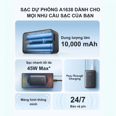 Củ sạc dự phòng Anker Nano Power Bank- A1638 10000mAh - Tích hợp cáp sạc nhanh USB-C 45W, Siêu nhỏ gọn, Màn hình thông minh - Khám phá sức mạnh vượt trội từ <strong>Củ sạc dự phòng Anker Nano Power Bank- A1638</strong> với dung lượng 10.000mAh và công suất sạc nhanh 45W mạnh mẽ. Thiết kế siêu nhỏ gọn nằm gọn trong lòng bàn tay, tích hợp sẵn cáp USB-C tự thu gọn InstaCord độc quyền, mang đến sự tiện lợi tối đa. Màn hình kỹ thuật số thông minh hiển thị chi tiết trạng thái pin và công suất sạc, giúp bạn dễ dàng kiểm soát năng lượng. Đây là giải pháp năng lượng hoàn hảo cho mọi thiết bị, đảm bảo bạn luôn kết nối mọi lúc mọi nơi. Sản phẩm được trang bị công nghệ an toàn ActiveShield™ tiên tiến, bảo vệ thiết bị của bạn toàn diện.