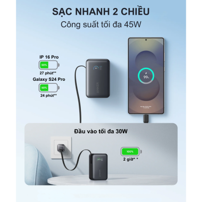 Củ sạc dự phòng Anker Nano Power Bank- A1638 10000mAh - Tích hợp cáp sạc nhanh USB-C 45W, Siêu nhỏ gọn, Màn hình thông minh - Khám phá sức mạnh vượt trội từ <strong>Củ sạc dự phòng Anker Nano Power Bank- A1638</strong> với dung lượng 10.000mAh và công suất sạc nhanh 45W mạnh mẽ. Thiết kế siêu nhỏ gọn nằm gọn trong lòng bàn tay, tích hợp sẵn cáp USB-C tự thu gọn InstaCord độc quyền, mang đến sự tiện lợi tối đa. Màn hình kỹ thuật số thông minh hiển thị chi tiết trạng thái pin và công suất sạc, giúp bạn dễ dàng kiểm soát năng lượng. Đây là giải pháp năng lượng hoàn hảo cho mọi thiết bị, đảm bảo bạn luôn kết nối mọi lúc mọi nơi. Sản phẩm được trang bị công nghệ an toàn ActiveShield™ tiên tiến, bảo vệ thiết bị của bạn toàn diện.