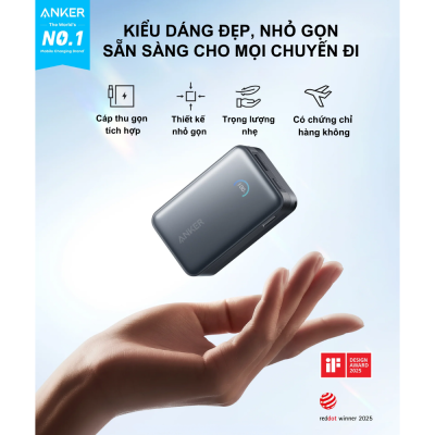 Củ sạc dự phòng Anker Nano Power Bank- A1638 10000mAh - Tích hợp cáp sạc nhanh USB-C 45W, Siêu nhỏ gọn, Màn hình thông minh - Khám phá sức mạnh vượt trội từ <strong>Củ sạc dự phòng Anker Nano Power Bank- A1638</strong> với dung lượng 10.000mAh và công suất sạc nhanh 45W mạnh mẽ. Thiết kế siêu nhỏ gọn nằm gọn trong lòng bàn tay, tích hợp sẵn cáp USB-C tự thu gọn InstaCord độc quyền, mang đến sự tiện lợi tối đa. Màn hình kỹ thuật số thông minh hiển thị chi tiết trạng thái pin và công suất sạc, giúp bạn dễ dàng kiểm soát năng lượng. Đây là giải pháp năng lượng hoàn hảo cho mọi thiết bị, đảm bảo bạn luôn kết nối mọi lúc mọi nơi. Sản phẩm được trang bị công nghệ an toàn ActiveShield™ tiên tiến, bảo vệ thiết bị của bạn toàn diện.