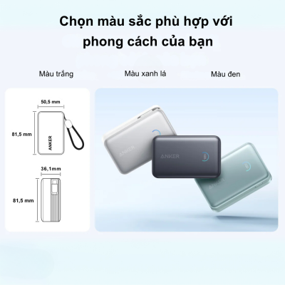 Củ sạc dự phòng Anker Nano Power Bank- A1638 10000mAh - Tích hợp cáp sạc nhanh USB-C 45W, Siêu nhỏ gọn, Màn hình thông minh - Khám phá sức mạnh vượt trội từ <strong>Củ sạc dự phòng Anker Nano Power Bank- A1638</strong> với dung lượng 10.000mAh và công suất sạc nhanh 45W mạnh mẽ. Thiết kế siêu nhỏ gọn nằm gọn trong lòng bàn tay, tích hợp sẵn cáp USB-C tự thu gọn InstaCord độc quyền, mang đến sự tiện lợi tối đa. Màn hình kỹ thuật số thông minh hiển thị chi tiết trạng thái pin và công suất sạc, giúp bạn dễ dàng kiểm soát năng lượng. Đây là giải pháp năng lượng hoàn hảo cho mọi thiết bị, đảm bảo bạn luôn kết nối mọi lúc mọi nơi. Sản phẩm được trang bị công nghệ an toàn ActiveShield™ tiên tiến, bảo vệ thiết bị của bạn toàn diện.