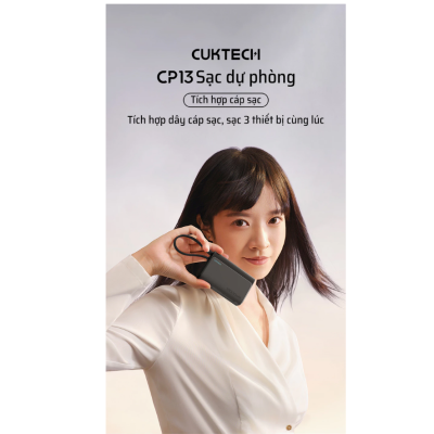 Cuktech CP13 10.000mAh Power Bank 33W – Sự Tiện Lợi Tuyệt Đối Mang Tên "All-in-One"
Bạn đã bao giờ rơi vào tình huống cấp bách cần sạc điện thoại nhưng lại nhận ra mình đã để quên dây cáp ở nhà? Đó là một sự bất tiện phổ biến trong cuộc sống hiện đại. Thấu hiểu điều đó, Cuktech đã tạo ra Cuktech CP13 10.000mAh Power Bank 33W (LPB100) – một sản phẩm mang tính cách mạng, được thiết kế để loại bỏ hoàn toàn phiền toái đó. Với một sợi cáp Type-C được tích hợp ngay trên thân pin, kết hợp với công suất sạc mạnh mẽ 33W và một thiết kế siêu di động, đây chính là định nghĩa mới về sự tiện lợi, gọn gàng và hiệu quả.

Thiết Kế "Tất Cả Trong Một" - Đỉnh Cao Của Sự Gọn Gàng
Điểm nhấn sáng giá và độc đáo nhất của Cuktech CP13 10.000mAh Power Bank 33W chính là sợi cáp USB-C được tích hợp một cách thông minh. Sợi cáp này được thiết kế để nằm gọn gàng trong một rãnh ở cạnh bên, biến mất hoàn toàn khi không sử dụng. Đầu cáp cũng chính là một chiếc quai xách tay tiện lợi, cho phép bạn dễ dàng treo pin dự phòng vào balo hoặc cầm trên tay. Bạn sẽ không bao giờ phải lo lắng về việc quên hay làm mất cáp sạc nữa.

Không chỉ thông minh, thiết kế của Cuktech CP13 còn vô cùng thời trang và nhỏ gọn. Với trọng lượng chỉ khoảng 200g, sản phẩm nhẹ hơn hầu hết các điện thoại thông minh hiện nay. Lớp vỏ được hoàn thiện từ vật liệu cao cấp với bề mặt nhám nhẹ, chống bám vân tay và tạo cảm giác cầm nắm chắc chắn. Ở mặt trước, một màn hình LED kỹ thuật số hiển thị phần trăm pin một cách chính xác, giúp bạn luôn biết rõ lượng năng lượng còn lại, thay vì chỉ là các vạch đèn LED ước chừng.

Hiệu Năng Sạc 33W Mạnh Mẽ - Nhanh Chóng và Đa Năng
Đừng để vẻ ngoài nhỏ gọn của Cuktech CP13 10.000mAh Power Bank 33W đánh lừa bạn. Bên trong nó là một "cỗ máy" sạc thực thụ với tổng công suất lên đến 33W.

Tương thích đa nền tảng: Sản phẩm được trang bị đầy đủ các công nghệ sạc nhanh tiên tiến nhất, bao gồm Power Delivery (PD) 3.0, Programmable Power Supply (PPS), và Quick Charge (QC) 3.0. Điều này đảm bảo nó có thể sạc nhanh tối ưu cho gần như mọi thiết bị trên thị trường: sạc nhanh PD cho iPhone, sạc siêu nhanh PPS cho Samsung, sạc nhanh QC cho các dòng điện thoại Android khác.

Ba cổng sạc linh hoạt: Bạn có thể sạc tối đa 3 thiết bị cùng lúc nhờ vào:

Cáp Type-C tích hợp (Tối đa 33W): Cung cấp tốc độ sạc nhanh nhất, lý tưởng cho các thiết bị chính.

Cổng Type-C rời (Tối đa 30W): Dùng để sạc cho thiết bị thứ hai hoặc để sạc nhanh cho chính viên pin.

Cổng USB-A (Tối đa 22.5W): Tương thích với các thiết bị hoặc cáp sạc chuẩn cũ.

Hiệu suất ấn tượng: Với Cuktech CP13 10.000mAh Power Bank 33W, bạn có thể sạc đầy khoảng 50% pin cho một chiếc iPhone 15 chỉ trong vòng 30 phút.

Sạc Nhanh Hai Chiều - Tiết Kiệm Thời Gian Tối Đa
Không chỉ sạc ra nhanh, Cuktech CP13 10.000mAh Power Bank 33W còn hỗ trợ sạc vào nhanh chóng. Cổng Type-C rời hỗ trợ đầu vào công suất lên đến 30W. Khi kết hợp với một củ sạc phù hợp, bạn có thể nạp lại đầy 100% cho viên pin 10.000mAh này trong thời gian cực ngắn, luôn sẵn sàng năng lượng cho ngày mới mà không phải chờ đợi quá lâu. Đây là một tính năng cực kỳ giá trị, giúp nâng cao trải nghiệm tiện lợi của sản phẩm.

An Toàn và Thông Minh - Người Bạn Đồng Hành Đáng Tin Cậy
Cuktech CP13 10.000mAh Power Bank 33W được trang bị chip quản lý nguồn thông minh và 9 lớp bảo vệ an toàn, chống lại các rủi ro như quá nhiệt, quá dòng, quá áp, và ngắn mạch. Sản phẩm sử dụng cell pin Lithium-Polymer chất lượng cao, đảm bảo độ bền và an toàn trong suốt quá trình sử dụng.

Ngoài ra, viên pin còn có chế độ sạc dòng thấp, được kích hoạt dễ dàng để sạc an toàn cho các phụ kiện nhỏ như tai nghe không dây hay đồng hồ thông minh. Với dung lượng 37Wh, sản phẩm hoàn toàn đủ tiêu chuẩn để mang theo trong hành lý xách tay trên các chuyến bay. Cuktech CP13 10.000mAh Power Bank 33W không chỉ tiện lợi mà còn là một người bạn đồng hành thông minh và đáng tin cậy trên mọi nẻo đường.

4. Bảng Thông Số Kỹ Thuật
Thuộc tính	Chi tiết
Tên sản phẩm	Pin dự phòng Cuktech CP13 10.000mAh Power Bank 33W
Mã sản phẩm	LPB100
Loại pin	Lithium-Polymer
Dung lượng pin	10.000mAh / 37Wh
Dung lượng định mức	5.800mAh (5V/3A)
Kích thước	114 x 71 x 17.5 mm
Trọng lượng	Khoảng 200g
Đầu vào (Input)	Type-C Port: 5V/3A, 9V/3A, 12V/2.5A, 15V/2A, 20V/1.5A (Tối đa 30W)
Đầu ra (Output)	Một cổng: <br> - Cáp Type-C: 5V/3A, 9V/3A, 11V/3A (Tối đa 33W) <br> - Cổng Type-C: 5V/3A, 9V/3A, 12V/2.5A, 15V/2A, 20V/1.5A (Tối đa 30W) <br> - Cổng USB-A: 5V/3A, 9V/2.23A, 12V/1.67A, 10V/2.25A (Tối đa 22.5W)
Nhiều cổng: <br> - 5V/3A
Công nghệ sạc nhanh	PD3.0, PPS, QC3.0, SCP, FCP, AFC
Bộ sản phẩm	1 x Pin dự phòng Cuktech LPB100 (kèm cáp C)
