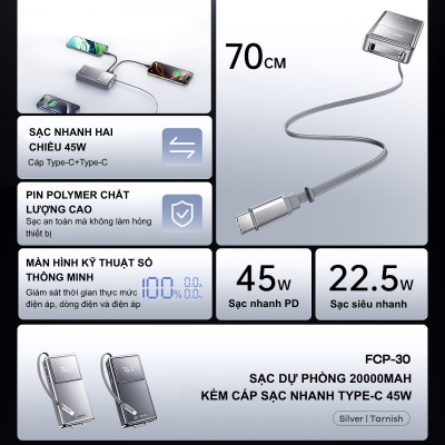 Sạc Dự Phòng Remax FCP-30 20.000mAh - Tích Hợp Cáp Type-C Remax FCP-30