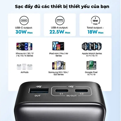 Pin Dự Phòng Anker A110J Zolo 2C1A 10000mAh 30W - Sạc Nhanh PD, Thiết Kế Nhỏ Gọn, 3 Cổng Sạc Tiện Lợi - <strong>Pin Dự Phòng Anker Zolo 2C1A 10000 30W - Anker A110J</strong> là giải pháp năng lượng di động thế hệ mới, kết hợp hoàn hảo giữa sức mạnh và sự tiện lợi. Với dung lượng 10.000mAh chuẩn 37Wh, mẫu <strong>Anker A110J</strong> này cho phép bạn sạc nhanh tối đa 30W cho các dòng iPhone, iPad và smartphone Android thông qua cổng USB-C hiện đại. Điểm vượt trội của sản phẩm nằm ở thiết kế 3 cổng sạc (2C1A), giúp nạp năng lượng đồng thời cho nhiều thiết bị mà vẫn đảm bảo an toàn tuyệt đối. Khả năng sạc đầu vào 30W giúp tái nạp đầy pin dự phòng một cách thần tốc. Với kích thước nhỏ gọn và trọng lượng 275g chắc chắn, <strong>Anker A110J</strong> là phụ kiện không thể thiếu cho những người thường xuyên di chuyển, đảm bảo thiết bị luôn đầy pin suốt ngày dài.
