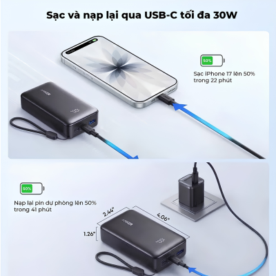 Pin Dự Phòng Anker A110J Zolo 2C1A 10000mAh 30W - Sạc Nhanh PD, Thiết Kế Nhỏ Gọn, 3 Cổng Sạc Tiện Lợi - <strong>Pin Dự Phòng Anker Zolo 2C1A 10000 30W - Anker A110J</strong> là giải pháp năng lượng di động thế hệ mới, kết hợp hoàn hảo giữa sức mạnh và sự tiện lợi. Với dung lượng 10.000mAh chuẩn 37Wh, mẫu <strong>Anker A110J</strong> này cho phép bạn sạc nhanh tối đa 30W cho các dòng iPhone, iPad và smartphone Android thông qua cổng USB-C hiện đại. Điểm vượt trội của sản phẩm nằm ở thiết kế 3 cổng sạc (2C1A), giúp nạp năng lượng đồng thời cho nhiều thiết bị mà vẫn đảm bảo an toàn tuyệt đối. Khả năng sạc đầu vào 30W giúp tái nạp đầy pin dự phòng một cách thần tốc. Với kích thước nhỏ gọn và trọng lượng 275g chắc chắn, <strong>Anker A110J</strong> là phụ kiện không thể thiếu cho những người thường xuyên di chuyển, đảm bảo thiết bị luôn đầy pin suốt ngày dài.