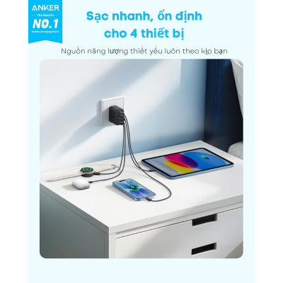 Củ Sạc Anker A121E - Công Suất 50W, 4 Cổng (2 USB-C & 2 USB-A) - Hàng Chính Hãng - <strong>Củ sạc Anker A121E</strong> là giải pháp năng lượng tất-cả-trong-một hoàn hảo cho người dùng sở hữu nhiều thiết bị công nghệ. Với tổng công suất lên đến 50W cùng thiết kế thông minh sở hữu 4 cổng đầu ra (2 cổng USB-C và 2 cổng USB-A), <strong>Anker A121E</strong> cho phép bạn sạc đồng thời điện thoại, máy tính bảng và các phụ kiện khác một cách nhanh chóng và an toàn. Sản phẩm kế thừa công nghệ sạc tiên tiến từ thương hiệu Anker, đảm bảo hiệu suất truyền tải điện ổn định và bảo vệ thiết bị tối đa khỏi các sự cố về điện. Với kích thước nhỏ gọn và độ bền cao, <strong>Anker A121E</strong> là người bạn đồng hành không thể thiếu trong mỗi chuyến đi hay tại bàn làm việc của bạn. Hãy trang bị ngay <strong>Anker A121E</strong> để trải nghiệm sự tiện lợi và tốc độ sạc vượt trội ngay hôm nay!