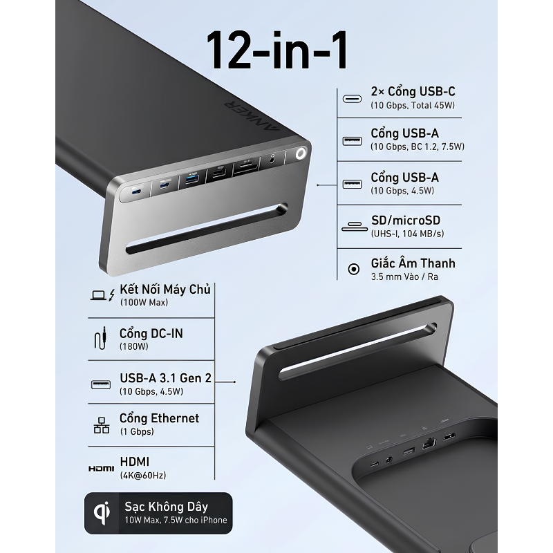 Chân Đế Màn Hình Kiêm Trạm Sạc 12-in-1 Anker A8377 - Sạc PD 100W, Sạc Không Dây Qi, Xuất Hình 4K@60Hz - Hàng Chính Hãng Chân Đế Màn Hình Kiêm Trạm Sạc 12-in-1 Anker A8377 - Sạc PD 100W, Sạc Không Dây Qi, Xuất Hình 4K@60Hz - Hàng Chính Hãng - Hình ảnh 2
