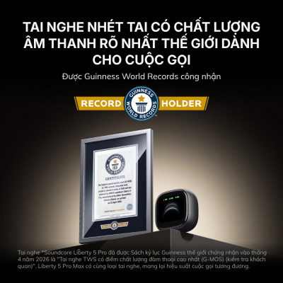 Tai Nghe Bluetooth Soundcore Liberty 5 Pro Max - D1204 Chống Ồn Chủ Động, Âm Thanh Hi-Res, Dịch Thuật AI Thông Minh - <strong>Soundcore Liberty 5 Pro Max</strong> là mẫu tai nghe True Wireless đột phá nhất hiện nay, được thiết kế không chỉ để nghe nhạc mà còn là một trợ lý ngôn ngữ đắc lực. Điểm nhấn nổi bật nhất của <strong>Soundcore Liberty 5 Pro Max</strong> chính là khả năng phiên dịch thuật AI thời gian thực, hỗ trợ lên đến hơn 40 ngôn ngữ khác nhau, giúp bạn tự tin giao tiếp toàn cầu. Sản phẩm sở hữu chất lượng âm thanh Hi-Res đỉnh cao với màng loa Wool-Paper 9.2mm và công nghệ Dolby Atmos sống động. Hệ thống chống ồn chủ động Adaptive ANC 4.0 trên <strong>Soundcore Liberty 5 Pro Max</strong> giúp loại bỏ tạp âm thông minh, mang lại không gian tĩnh lặng tuyệt đối. Với thiết kế hộp sạc màn hình AMOLED cảm ứng, thời lượng pin lên đến 50 giờ và chuẩn kháng nước IP55, <strong>Soundcore Liberty 5 Pro Max</strong> chính là sự lựa chọn hoàn hảo cho những tín đồ công nghệ và người thường xuyên di chuyển.