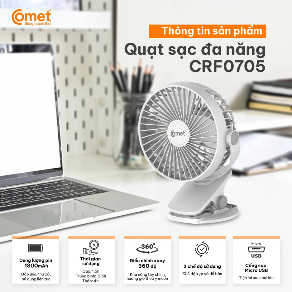 Quạt Kẹp Tích Điện Đa Năng Comet CRF0705 – Xoay 360 Độ, Pin 1800mAh, 3 Cấp Độ Gió Mạnh Mẽ Quạt Kẹp Tích Điện Đa Năng Comet CRF0705 – Xoay 360 Độ, Pin 1800mAh, 3 Cấp Độ Gió Mạnh Mẽ - Ảnh 6