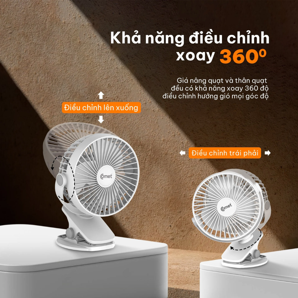 Quạt Kẹp Tích Điện Đa Năng Comet CRF0705 – Xoay 360 Độ, Pin 1800mAh, 3 Cấp Độ Gió Mạnh Mẽ Quạt Kẹp Tích Điện Đa Năng Comet CRF0705 – Xoay 360 Độ, Pin 1800mAh, 3 Cấp Độ Gió Mạnh Mẽ - Ảnh 5