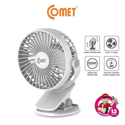 Quạt Kẹp Tích Điện Đa Năng Comet CRF0705 – Xoay 360 Độ, Pin 1800mAh, 3 Cấp Độ Gió Mạnh Mẽ - Quạt kẹp tích điện đa năng Comet <strong>CRF0705</strong> là giải pháp làm mát linh hoạt tuyệt vời cho dân văn phòng, sinh viên và các bậc phụ huynh có con nhỏ. Với thiết kế chân kẹp chắc chắn, model <strong>CRF0705</strong> có thể dễ dàng gắn vào cạnh bàn, xe đẩy em bé hoặc nôi cũi, mang lại sự tiện lợi tối đa. Sản phẩm sở hữu viên pin Lithium-ion dung lượng 1800mAh, cho phép hoạt động liên tục lên đến 4 giờ, giúp bạn xua tan cơn nóng ngay cả khi mất điện. Nhờ khả năng xoay 360 độ thông minh, <strong>CRF0705</strong> giúp điều chỉnh hướng gió đến mọi vị trí mong muốn một cách dễ dàng. Trọng lượng siêu nhẹ chỉ 300g cùng cổng sạc Micro USB phổ biến biến chiếc quạt <strong>CRF0705</strong> thành người bạn đồng hành lý tưởng trong mọi chuyến đi chơi hay làm việc hàng ngày.
