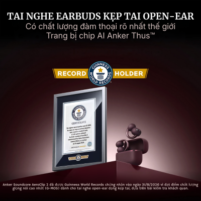 Tai Nghe Bluetooth Open-Ear Anker Soundcore AeroClip 2 D1105 – Âm Thanh Hi-Res, Bluetooth 6.0, Pin 32 Giờ Tai Nghe Bluetooth Open-Ear Anker Soundcore AeroClip 2 D1105 – Âm Thanh Hi-Res, Bluetooth 6.0, Pin 32 Giờ - <strong data-path-to-node="6" data-index-in-node="0">Tai nghe Anker Soundcore AeroClip 2</strong> là dòng tai nghe Bluetooth dạng kẹp tai (Open-Ear) thế hệ mới, mang lại trải nghiệm âm thanh chân thực mà vẫn giữ cho bạn sự thoải mái, thông thoáng tối đa suốt cả ngày. Trang bị driver 12mm nam châm kép hỗ trợ chuẩn Hi-Res Audio Wireless và codec LDAC, <strong data-path-to-node="6" data-index-in-node="290">AeroClip 2</strong> tái tạo âm thanh chi tiết, sắc nét vượt trội. Thiết kế siêu nhẹ chỉ 6,2g mỗi bên cùng chuẩn kháng nước IP57 giúp bạn yên tâm luyện tập thể thao. Đặc biệt, <strong data-path-to-node="6" data-index-in-node="456">Anker Soundcore AeroClip 2</strong> sở hữu công nghệ Bluetooth 6.0 hiện đại, kết nối đa điểm, tích hợp chip Anker Thus™ AI hỗ trợ phiên dịch hơn 100 ngôn ngữ và thời lượng pin ấn tượng lên đến 32 giờ.